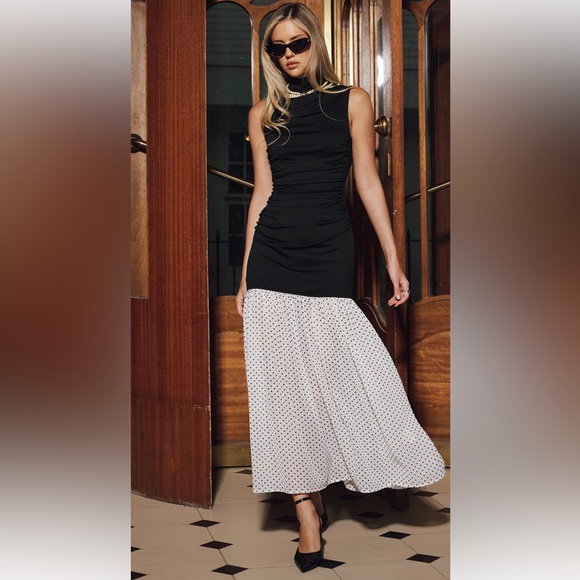 Commense Black Mock Neck Midi Dress Polka Dot Hem Elegant Event Dress NWT Small - Picture 6 of 14